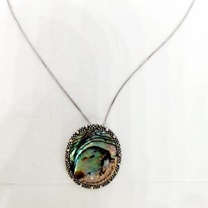 Vtg Sterling Silver Chain Necklace Abalone and Marcasite Pendant Signed Thailand